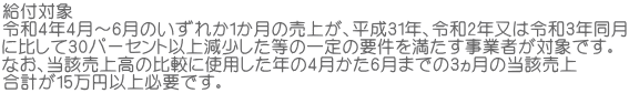 給付対象 令和4年4月～6月のいずれか1か月の売上が、平成31年、令和2年又は令和3年同月 に比して30パーセント以上減少した等の一定の要件を満たす事業者が対象です。  なお、当該売上高の比較に使用した年の4月かた6月までの3ヵ月の当該売上 合計が15万円以上必要です。