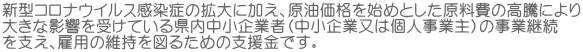 新型コロナウイルス感染症の拡大に加え、原油価格を始めとした原料費の高騰により 大きな影響を受けている県内中小企業者（中小企業又は個人事業主）の事業継続 を支え、雇用の維持を図るための支援金です。